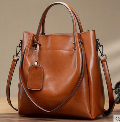 Simple Portable Women's Fashion Oil Wax Cattle Leather Bag Brown