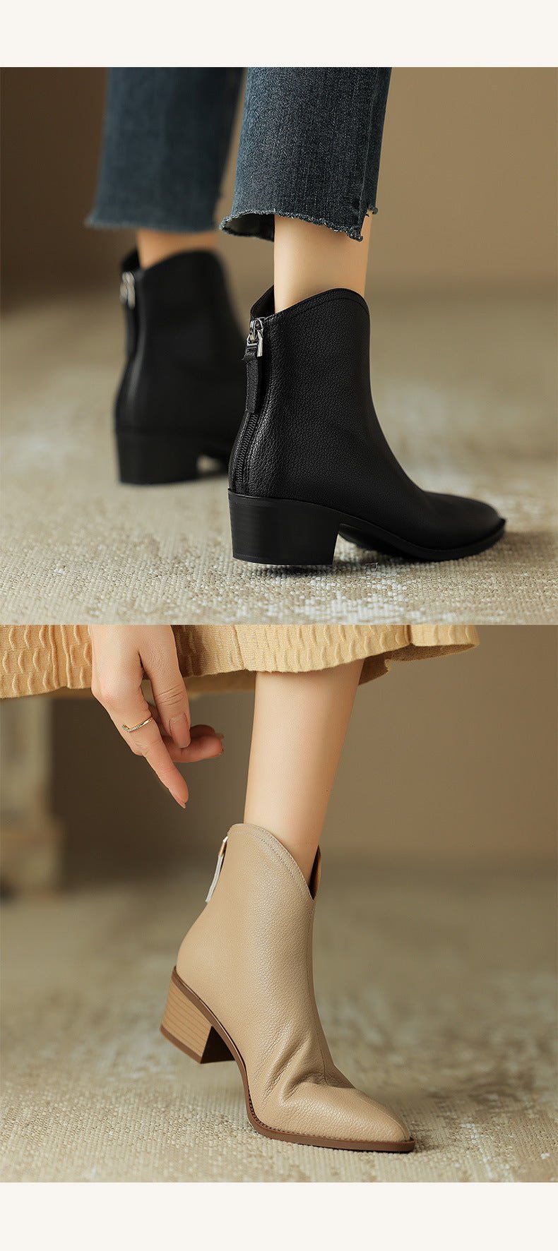 Simple Solid Color And Nude Ankle Boots For Women Apricot Pigskin Split Leather