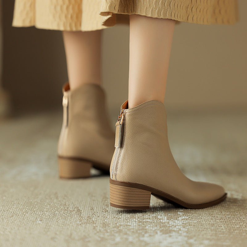 Simple Solid Color And Nude Ankle Boots For Women Apricot Pigskin Split Leather