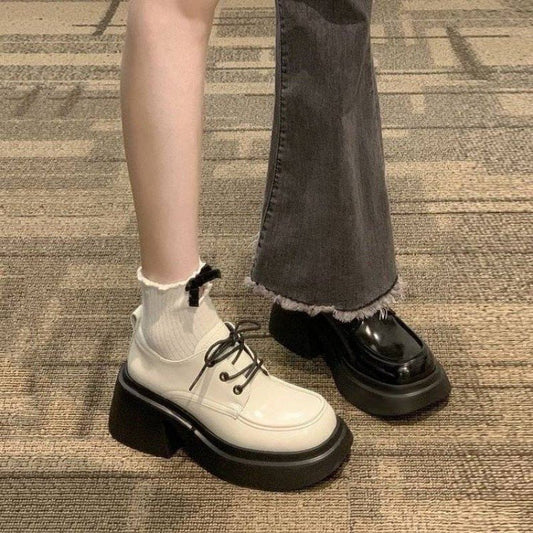 Small Leather Shoes Black High Heel Women's Chunky Heel Platform Beige