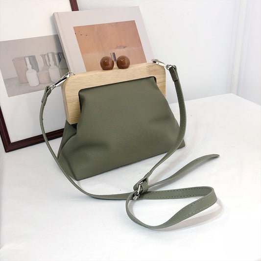 Soft Leather Assembling Wooden Clip Clutch Handbag Green