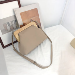 Soft Leather Assembling Wooden Clip Clutch Handbag Apricot