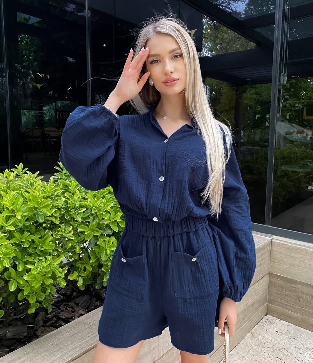 Solid Color High Waist Long Sleeve Jumpsuit S