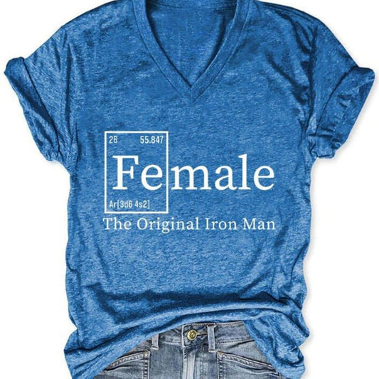 Solid Color V - neck Printing T - shirt Blue