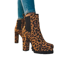Solid Leopard Print Thick Square High Heel Shoes Black