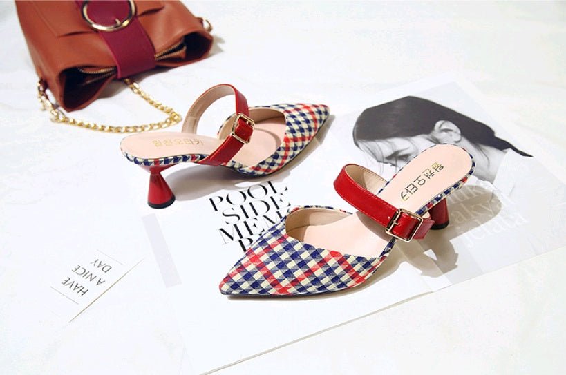 Spring & Summer Korean Plaid Baotou Half Slippers Red