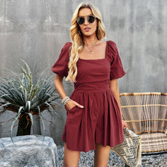 Square Collar Solid Color Jumpsuit S