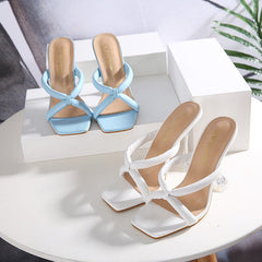 Square Head Cross With Transparent Wine Glass And High Heel Sandals And Slippers Blue