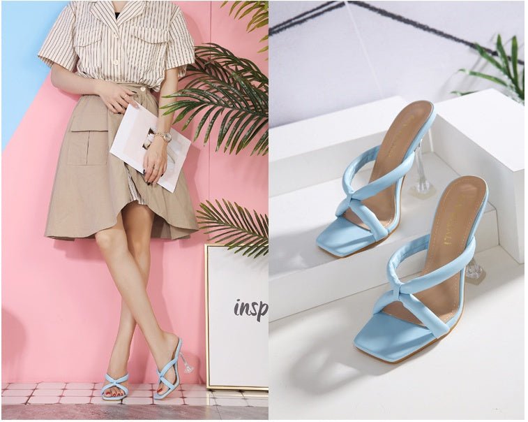 Square Head Cross With Transparent Wine Glass And High Heel Sandals And Slippers White