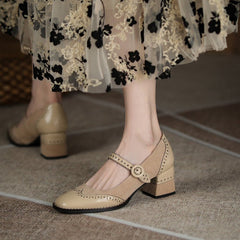 Square Toe Chunky Heel Vintage Engraving Mary Jane Shoes Women Apricot