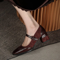 Square Toe Chunky Heel Vintage Engraving Mary Jane Shoes Women Black