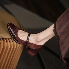 Square Toe Chunky Heel Vintage Engraving Mary Jane Shoes Women Reddish Brown