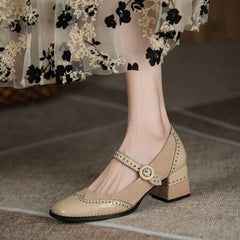 Square Toe Chunky Heel Vintage Engraving Mary Jane Shoes Women Apricot