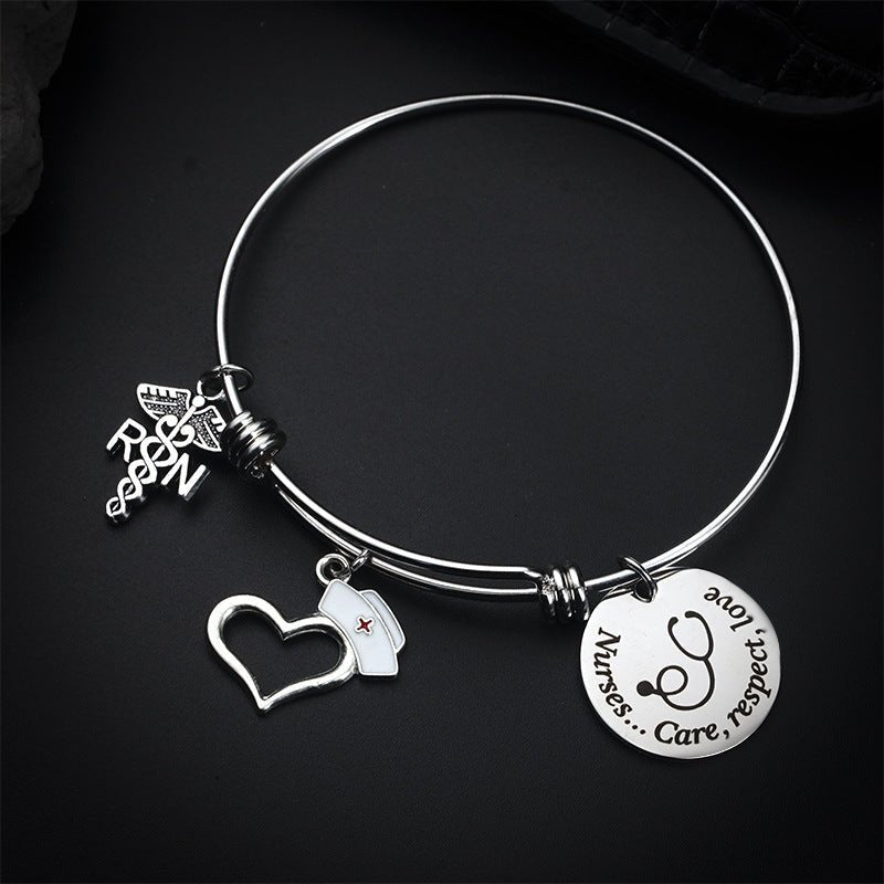 Stainless Steel Peach Heart Nurse Shrink Bracelet with Round Board Apple