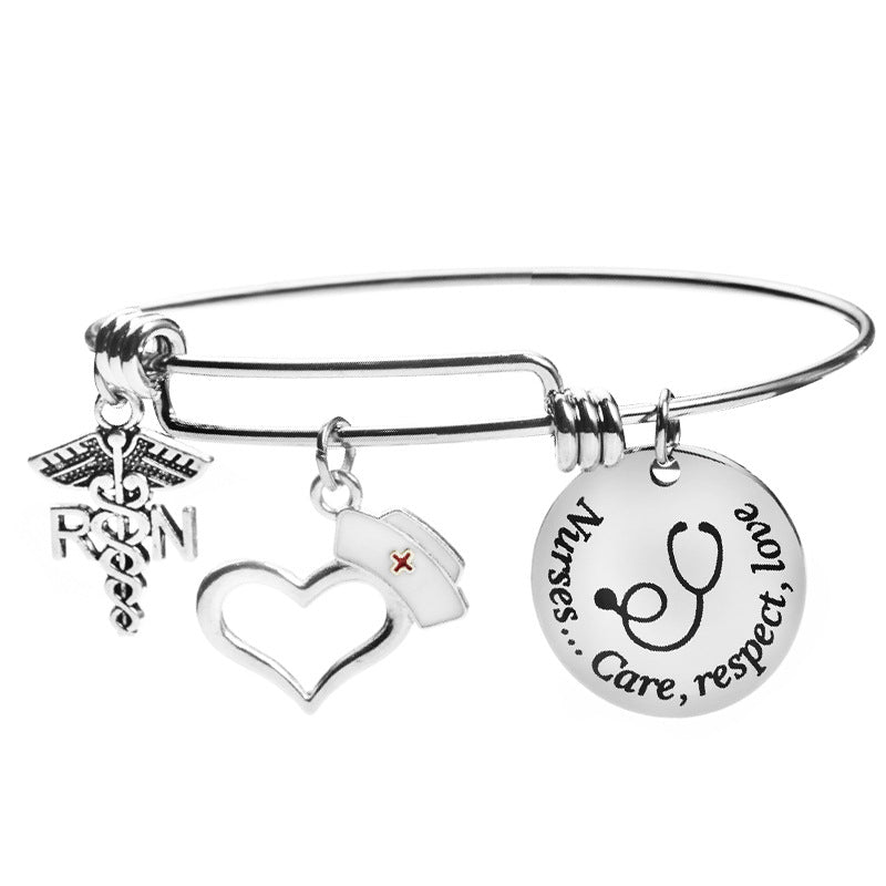 Stainless Steel Peach Heart Nurse Shrink Bracelet with Round Board 0259 Nurse