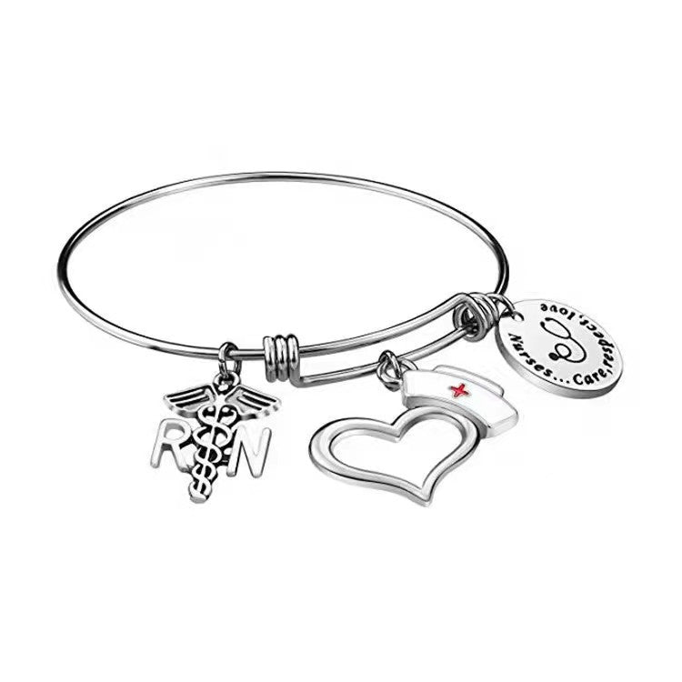 Stainless Steel Peach Heart Nurse Shrink Bracelet with Round Board 0259 Nurse