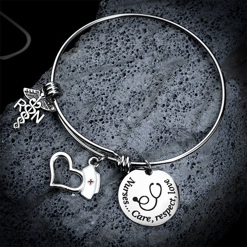 Stainless Steel Peach Heart Nurse Shrink Bracelet with Round Board Apple