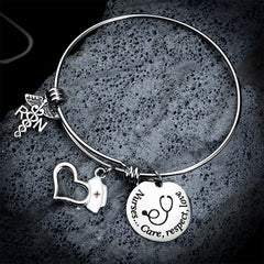 Stainless Steel Peach Heart Nurse Shrink Bracelet with Round Board Apple