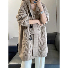 Stand Out Twisted Stylish Hooded Jacket Horn Button Loose Casual Coffee