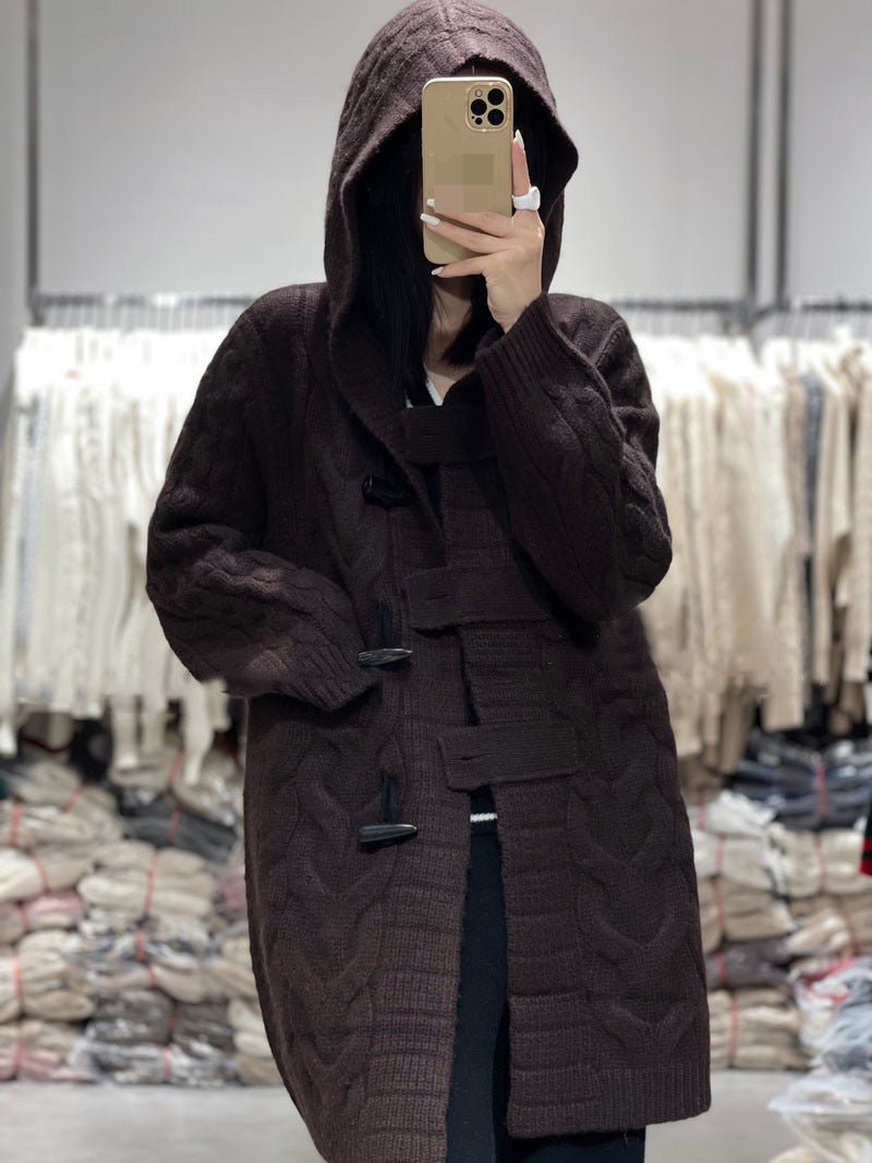 Stand Out Twisted Stylish Hooded Jacket Horn Button Loose Casual Coffee