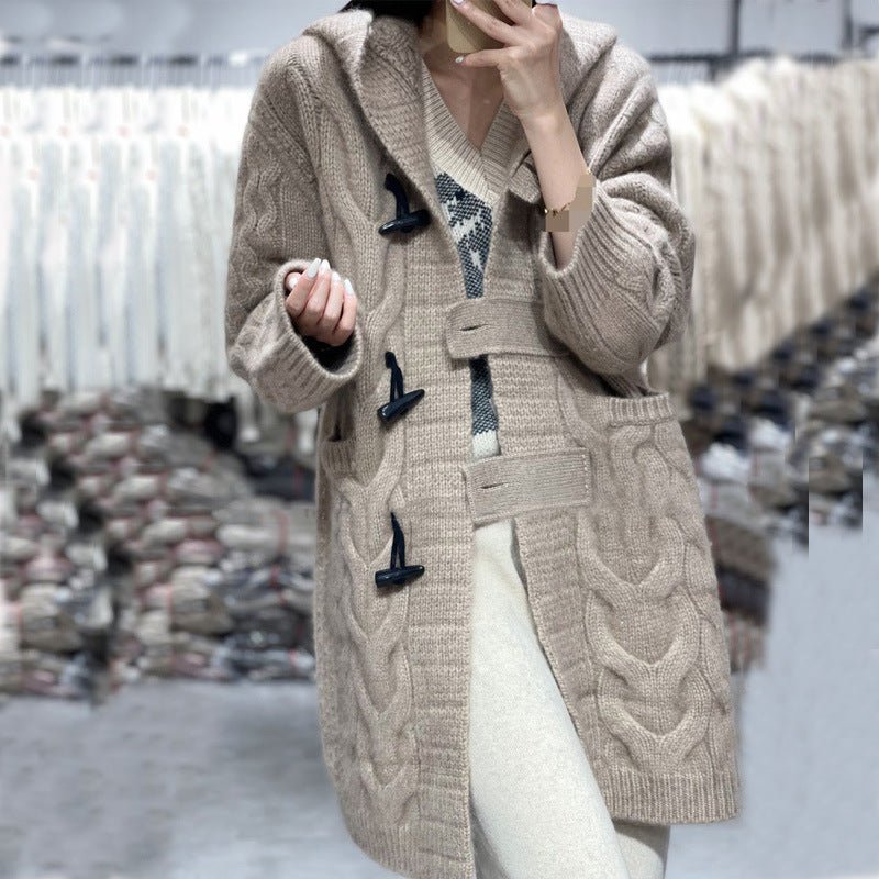 Stand Out Twisted Stylish Hooded Jacket Horn Button Loose Casual Coffee