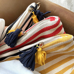 Striped Tassel Cosmetic Bag Zipper Canvas Cosmetic Bag Yellow