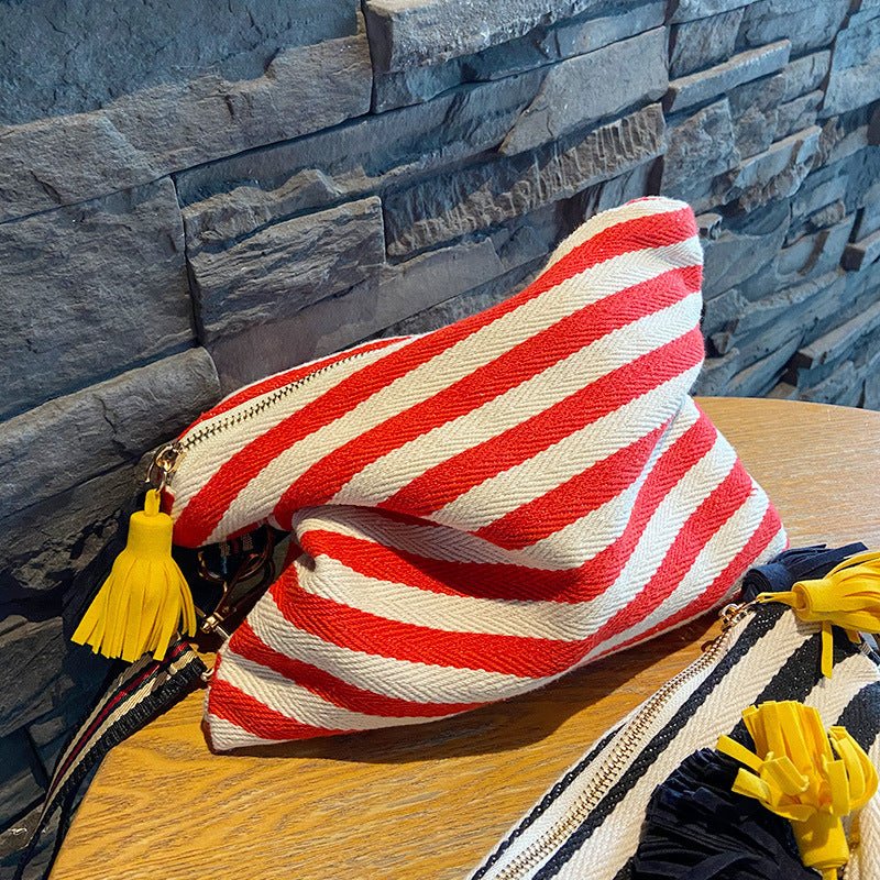 Striped Tassel Cosmetic Bag Zipper Canvas Cosmetic Bag Red