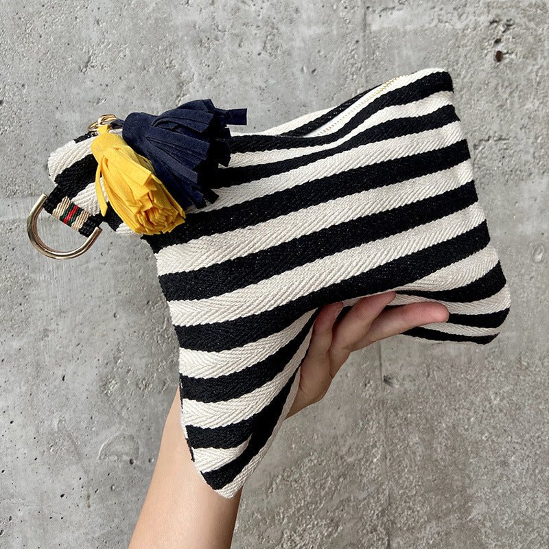 Striped Tassel Cosmetic Bag Zipper Canvas Cosmetic Bag Black