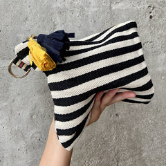 Striped Tassel Cosmetic Bag Zipper Canvas Cosmetic Bag Black