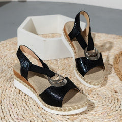 Stroppy Platform Peep Toe Wonders Roman Wedge with Straps Sandals Black