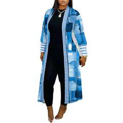 Stylish Long Sleeve Stitching Loose Commuter Fall Trench Coat Denim Blue