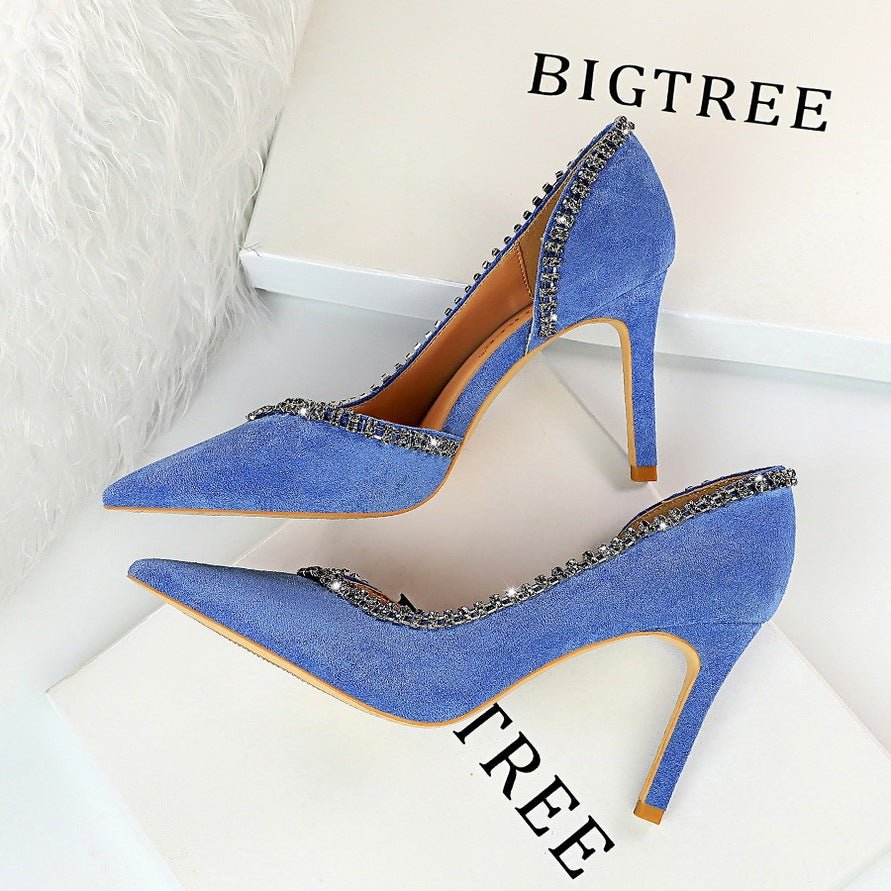 Suede Hollow High Heels – Elegant and Breathable Statement Shoes Blue