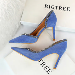 Suede Hollow High Heels – Elegant and Breathable Statement Shoes Blue