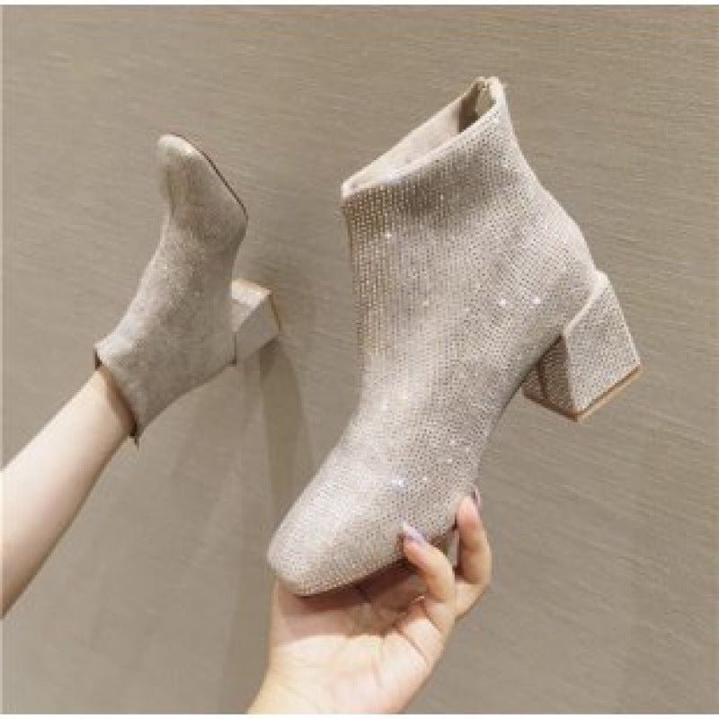 Suede Rhinestone Sequins for High Heel Boots Beige