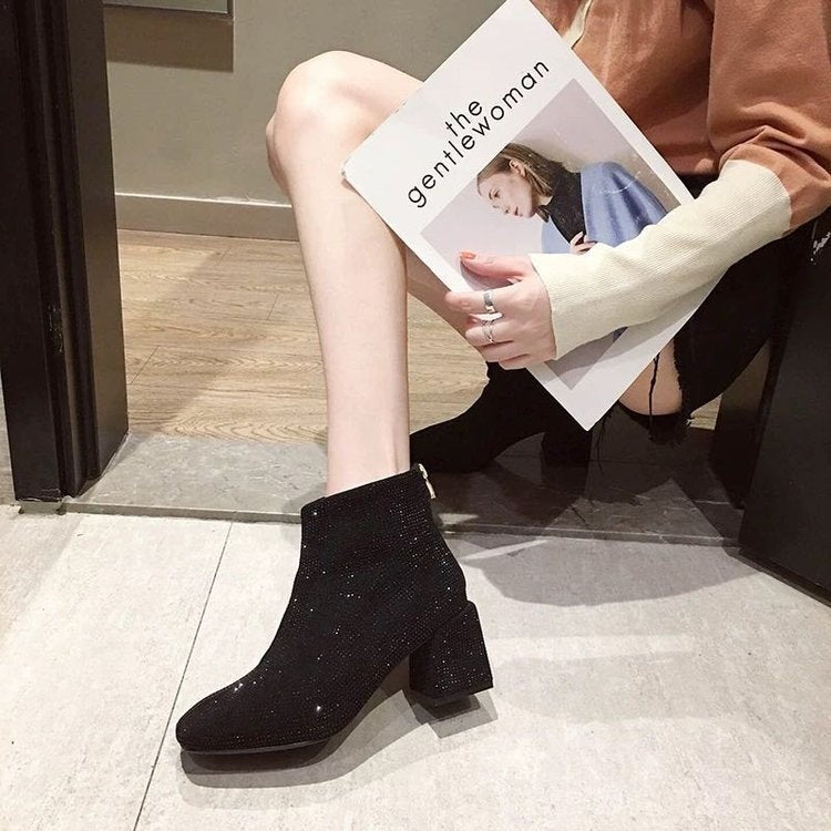 Suede Rhinestone Sequins for High Heel Boots Beige