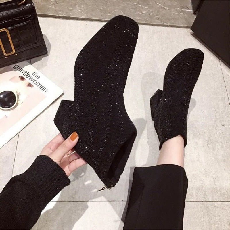 Suede Rhinestone Sequins for High Heel Boots Black