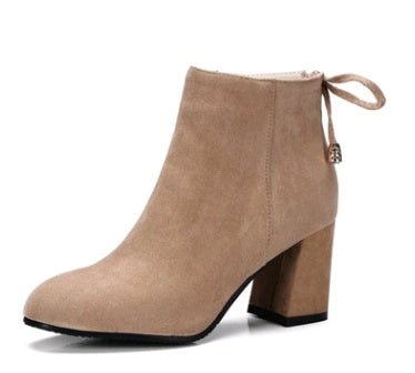 Suede Square Toe European & American Style Short Boots for Women Apricot plus velvet