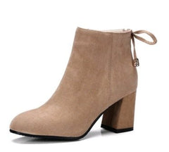 Suede Square Toe European & American Style Short Boots for Women Apricot plus velvet