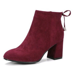 Suede Square Toe European & American Style Short Boots for Women Wine red and velvet
