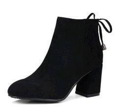 Suede Square Toe European & American Style Short Boots for Women Black plus velvet