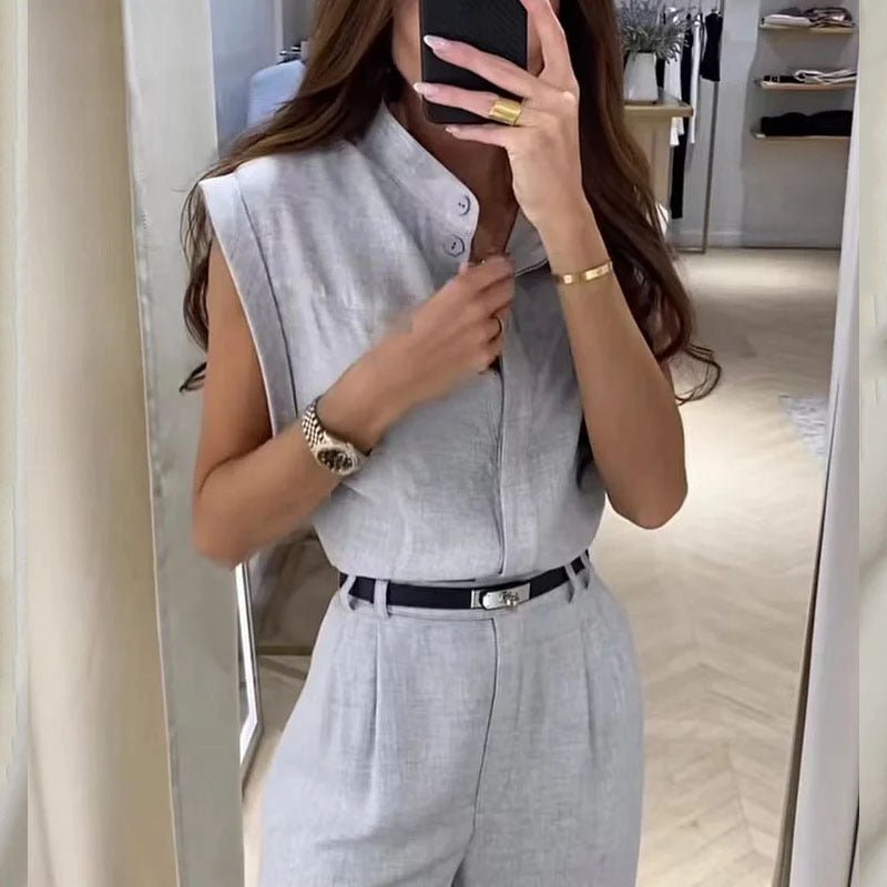 Summer Chic Sleeveless Top & Trousers Set Khaki