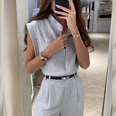 Summer Chic Sleeveless Top & Trousers Set Khaki