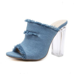 Summer New Jeans High Heels – Sexy Fish Mouth Sandals with Crystal Accents Light Blue