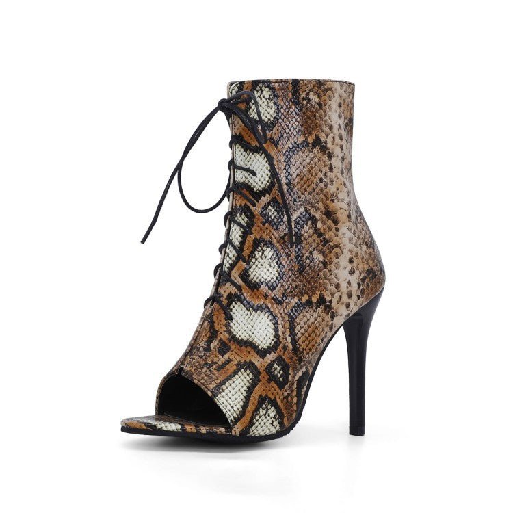 Summer Peep Toe Sandals Stiletto Heel Lace - up Serpentine Brown