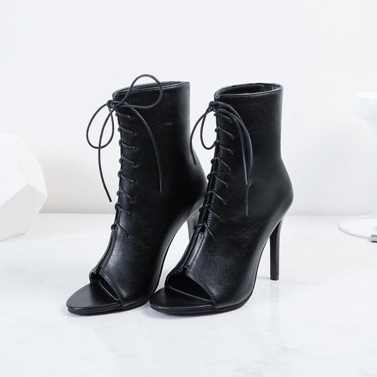 Summer Peep Toe Sandals Stiletto Heel Lace - up Denim Blue