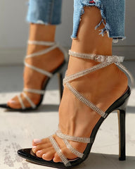 Summer Super High Heel Pointed Toe Rhinestone Buckle Sandals White