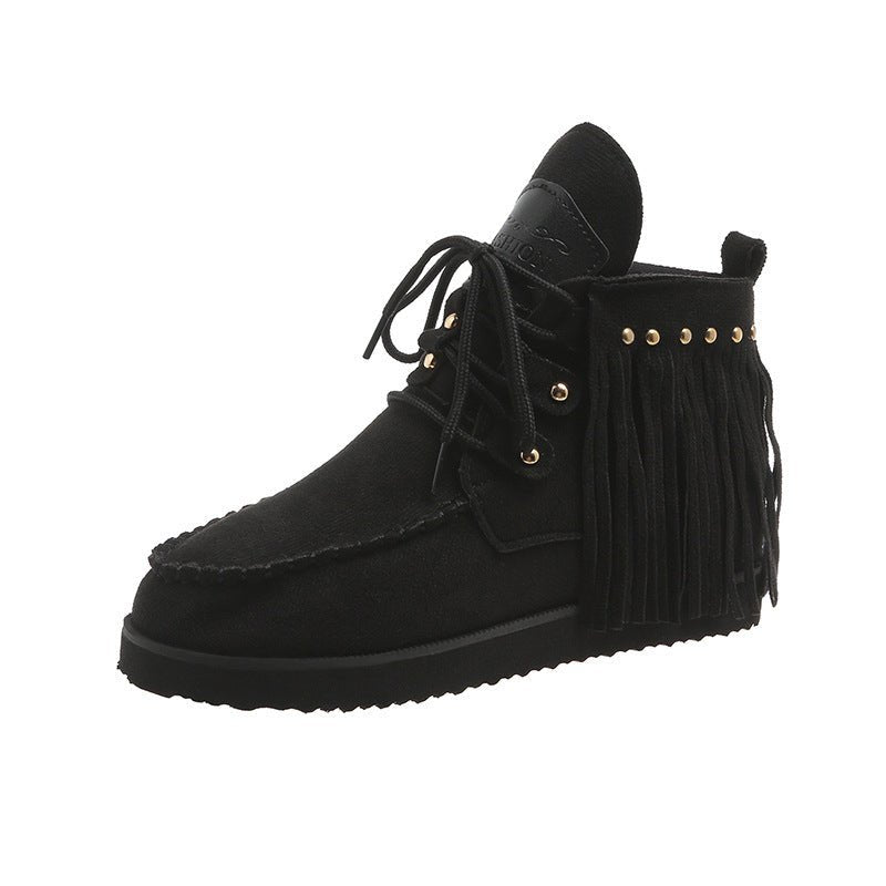Tassel Lace - up Comfortable Flat Bottom Boots for Women Black