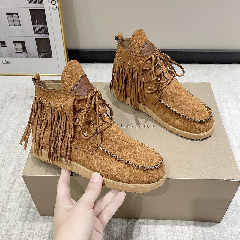 Tassel Lace - up Comfortable Flat Bottom Boots for Women Black