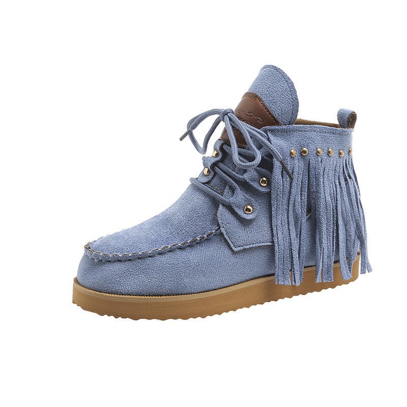 Tassel Lace - up Comfortable Flat Bottom Boots for Women Blue