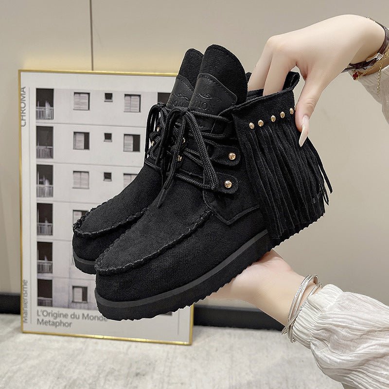 Tassel Lace - up Comfortable Flat Bottom Boots for Women Black